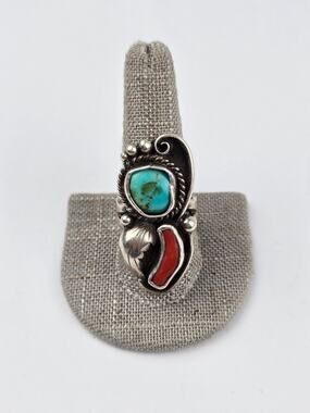 Navajo Sterling Silver Ring w/ Turquoise & Coral Stone Size 10.5 signed EJ